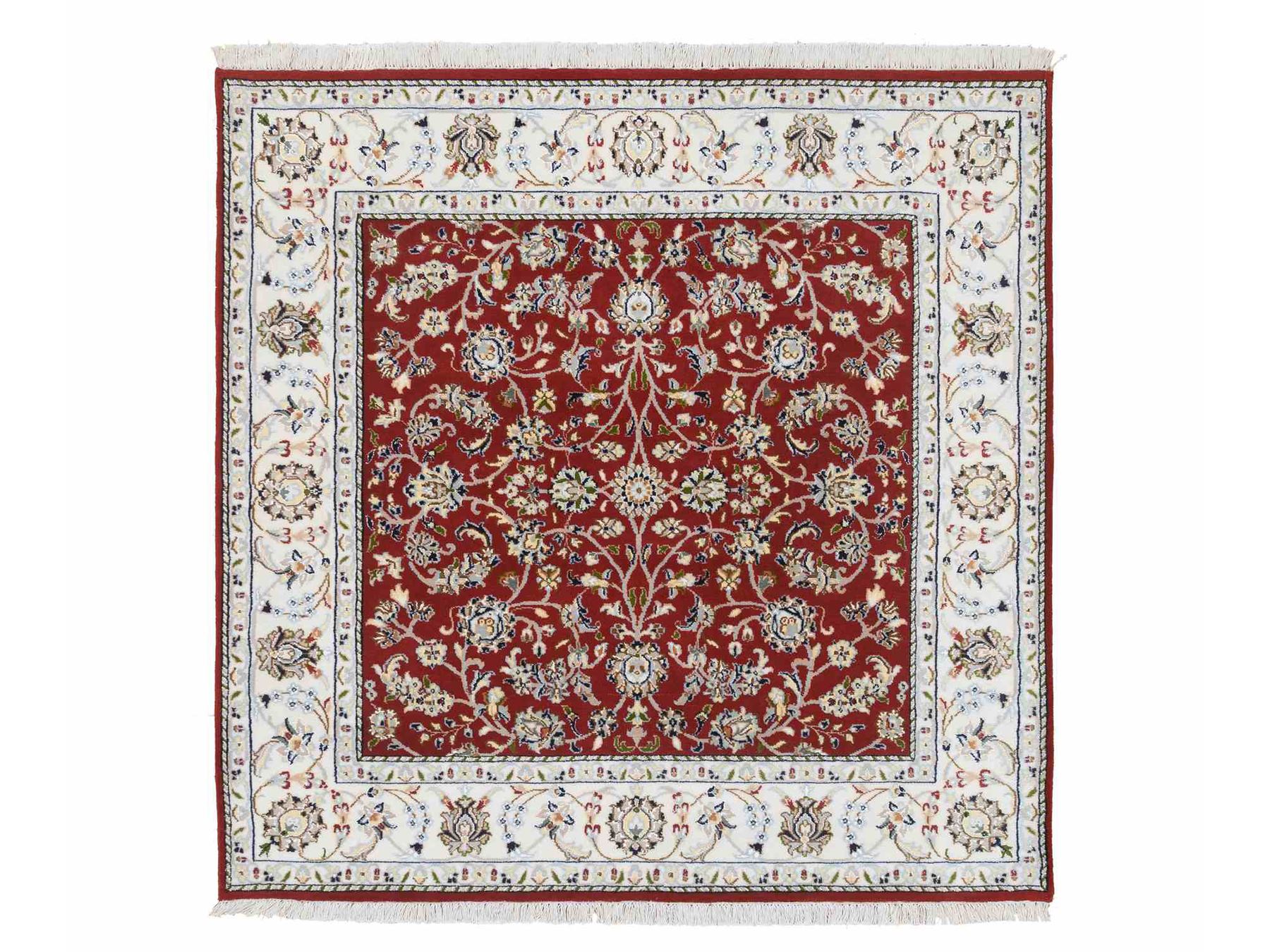 5'1"x5'1" Cherry Red, Hand Knotted Nain with All Over Flower Design, 250 KPSI Wool, Square Oriental Rug HR64011