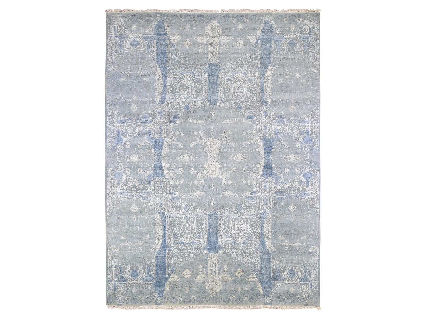 9'x12'2" Wool and Pure Silk Hand Knotted Blue Jewellery Design with Soft Colors Oriental Rug HR66954