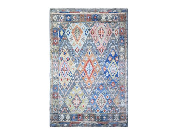 5'10"x9'1" Colorful, Extra Soft Wool Hand Knotted, Anatolian Village Inspired with Triangles Design Natural Dyes, Oriental Rug HR73098