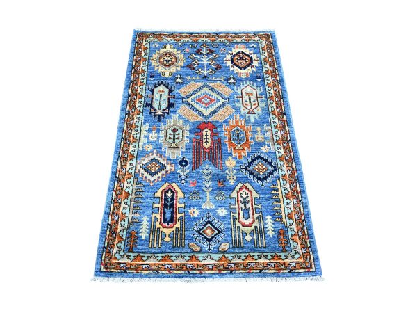 3'x4'10" Lapis Blue, Hand Knotted, Extra Soft Wool, Afghan Ersari with Geometric Gul Motifs, Natural Dyes, Densely Woven, Oriental Rug HR74773