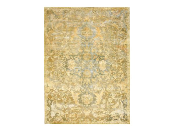 9'x12'3" Golden Yellow, Persian Polonaise Influence Design, Pure Silk, Distressed, Gold Wash, Hi and Low, Hand Knotted, Oriental Rug HR75893