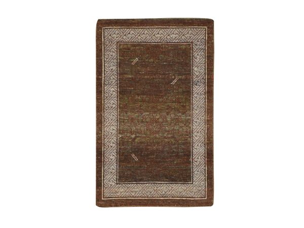 2'x3'2" Shades of Brown, Khotan Influence All Over Intricate Design, Zero Pile, Hand Knotted, 100% Wool, Sample, Mat, Oriental Rug HR75905