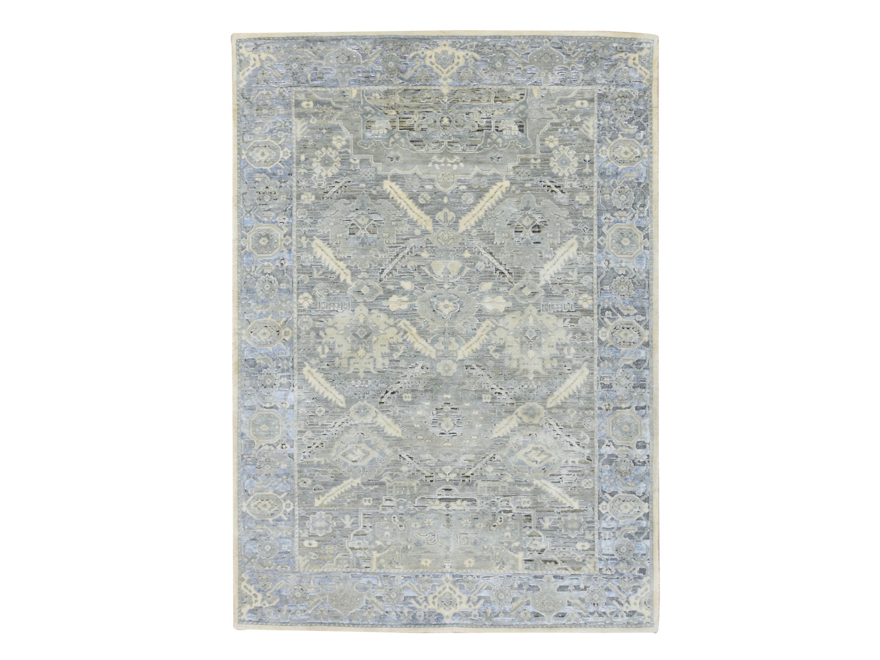 5'2"x7'4" Storm Gray, Pure Silk, Oushak Design with Geometric Pattern, Hand Knotted, Oriental Rug HR75906