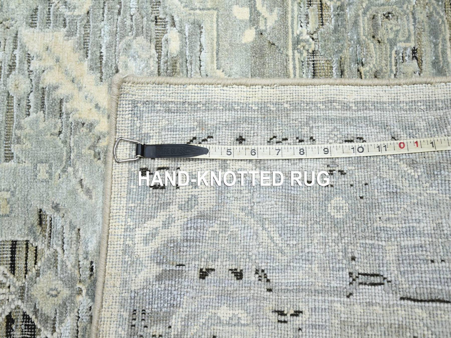 5'2"x7'4" Storm Gray, Pure Silk, Oushak Design with Geometric Pattern, Hand Knotted, Oriental Rug HR75906 - Image 7