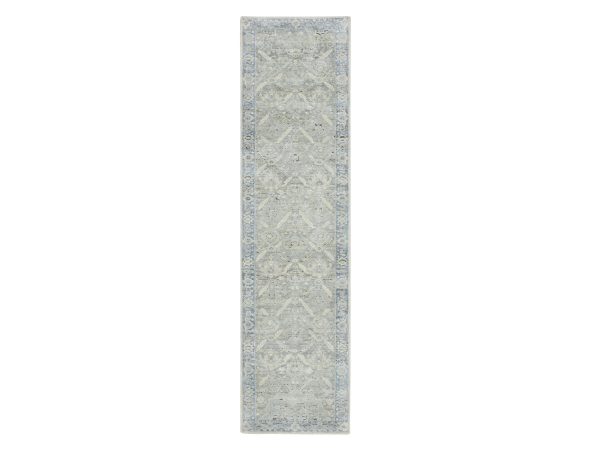 2'7"x10'1" Storm Gray, Oushak Design with Geometric Pattern, Hand Knotted, Pure Silk, Runner, Oriental Rug HR75907