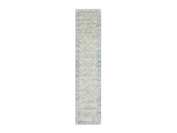 2'7"x12' Storm Gray, Hand Knotted, Pure Silk, Oushak Design with Geometric Pattern, Runner, Oriental Rug HR75908