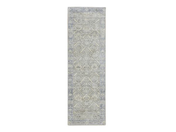 2'6"x8' Storm Gray, Pure Silk, Hand Knotted, Oushak Design with Geometric Pattern, Runner, Oriental Rug HR75909