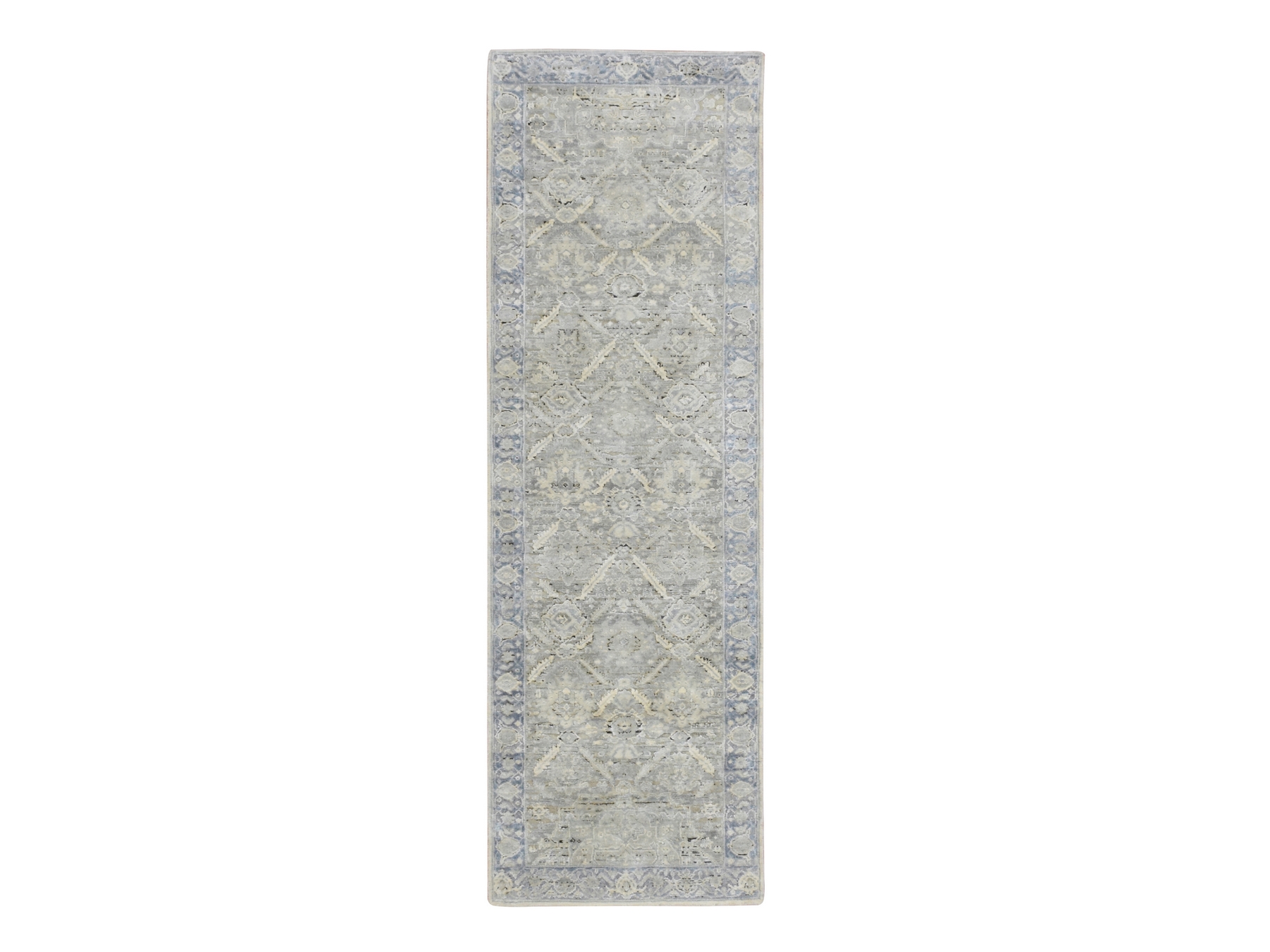 2'6"x8' Storm Gray, Pure Silk, Hand Knotted, Oushak Design with Geometric Pattern, Runner, Oriental Rug HR75909