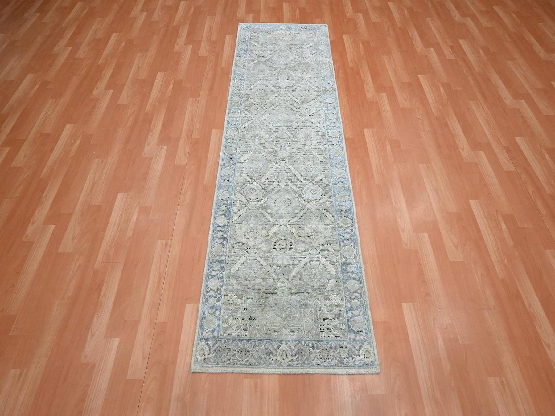 2'6"x8' Storm Gray, Pure Silk, Hand Knotted, Oushak Design with Geometric Pattern, Runner, Oriental Rug HR75909 - Image 2