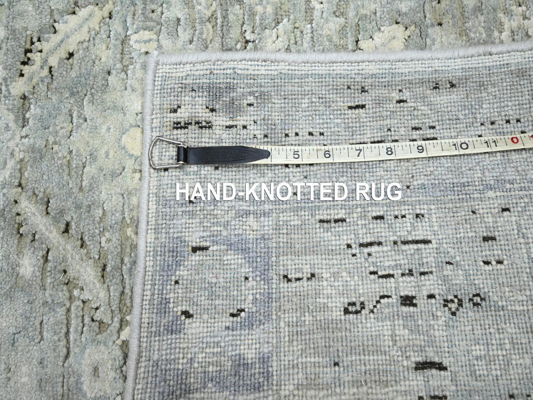 2'6"x8' Storm Gray, Pure Silk, Hand Knotted, Oushak Design with Geometric Pattern, Runner, Oriental Rug HR75909 - Image 7