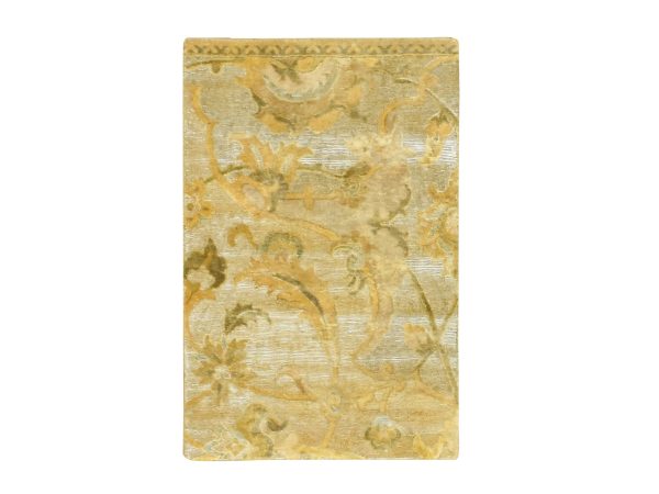 2'x3' Golden Yellow, Persian Polonaise Influence Design, Pure Silk, Distressed, Gold Wash, Hi and Low, Hand Knotted, Sample, Mat, Oriental Rug HR75910