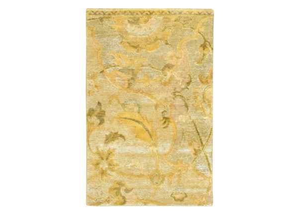 2'x3' Golden Yellow, Persian Polonaise Influence Design, Pure Silk, Distressed, Hand Knotted, Gold Wash, Hi and Low, Sample, Mat, Oriental Rug HR75911