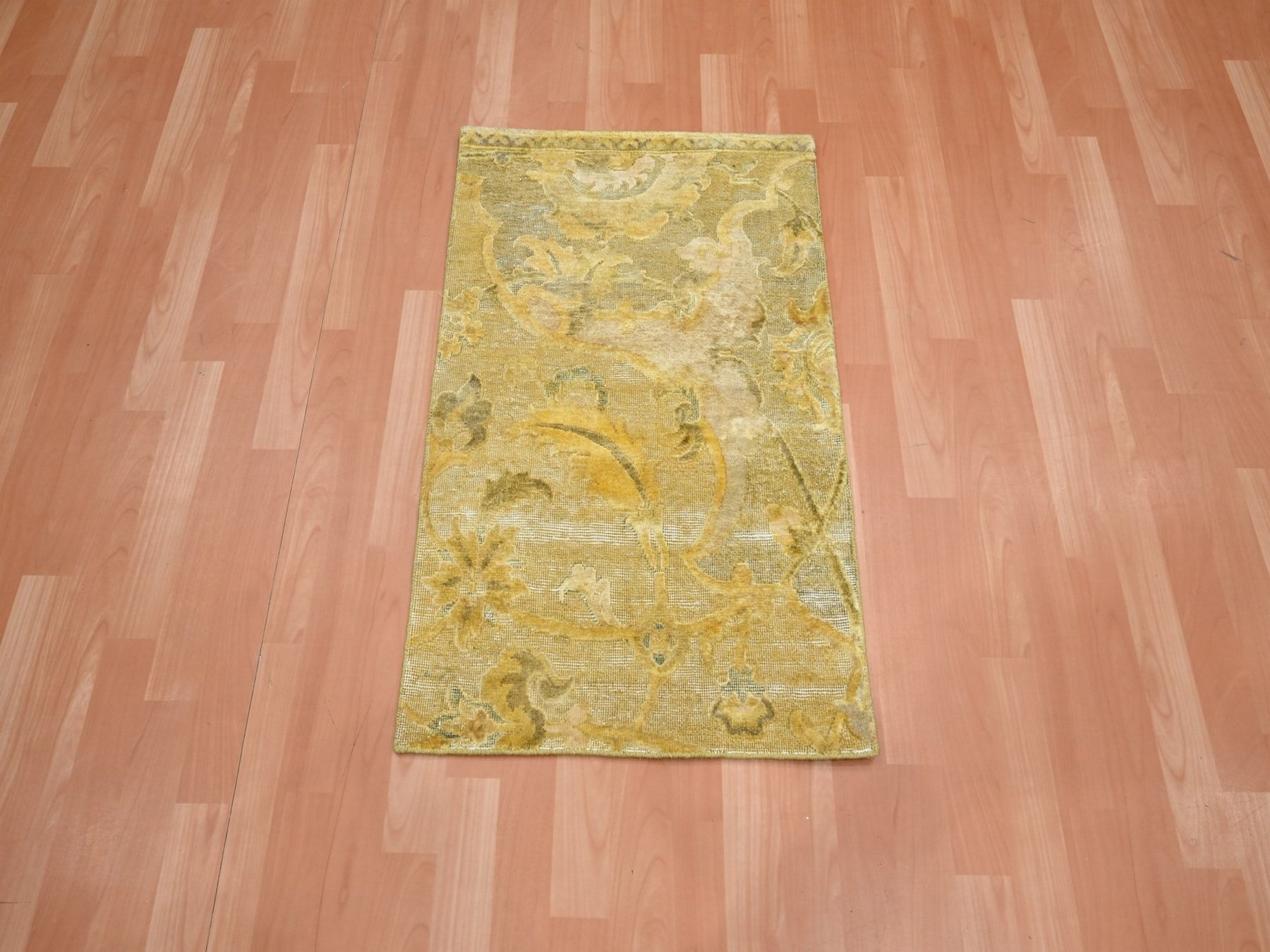 2'x3' Golden Yellow, Persian Polonaise Influence Design, Pure Silk, Distressed, Hand Knotted, Gold Wash, Hi and Low, Sample, Mat, Oriental Rug HR75911 - Image 2
