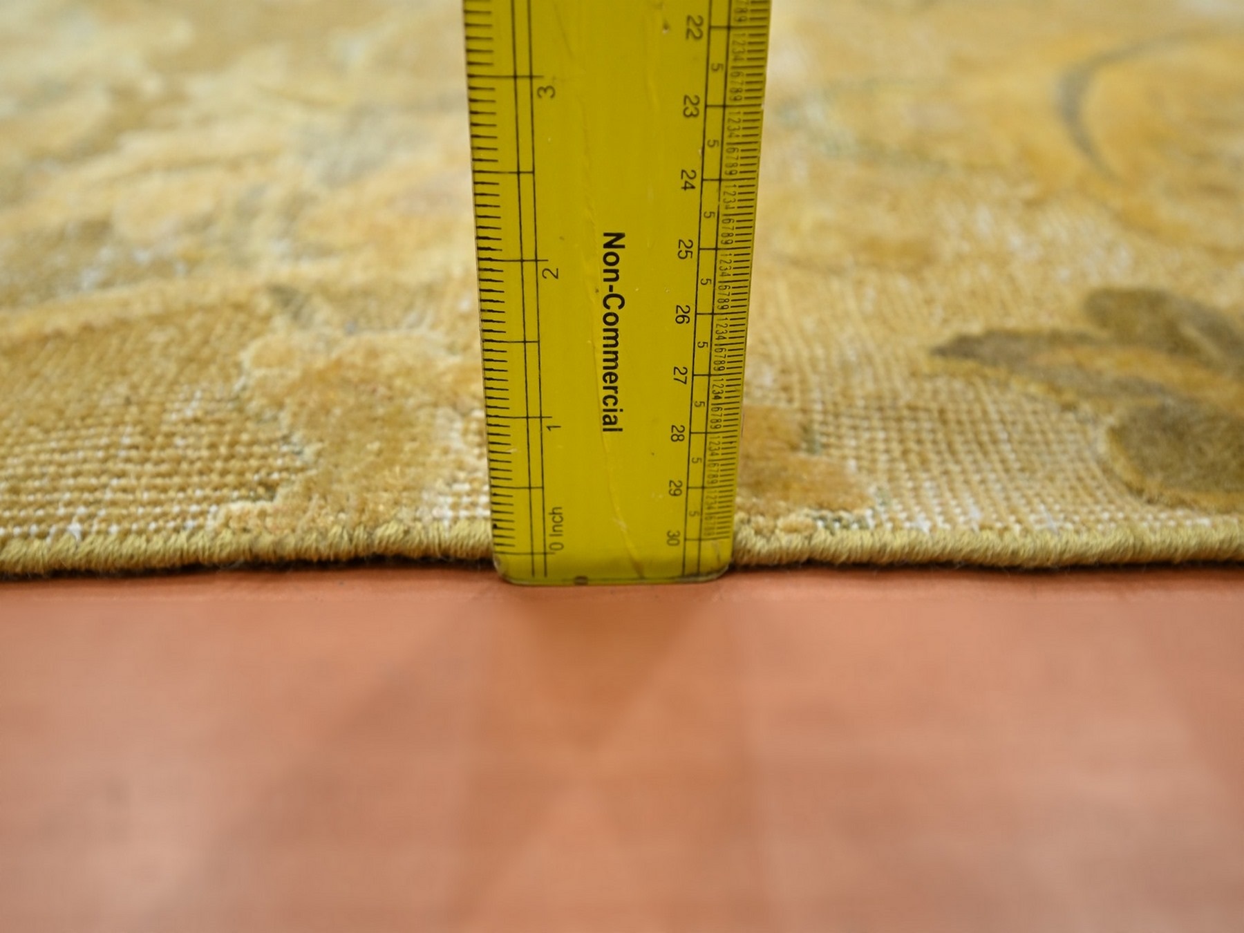 2'x3' Golden Yellow, Persian Polonaise Influence Design, Pure Silk, Distressed, Hand Knotted, Gold Wash, Hi and Low, Sample, Mat, Oriental Rug HR75911 - Image 3