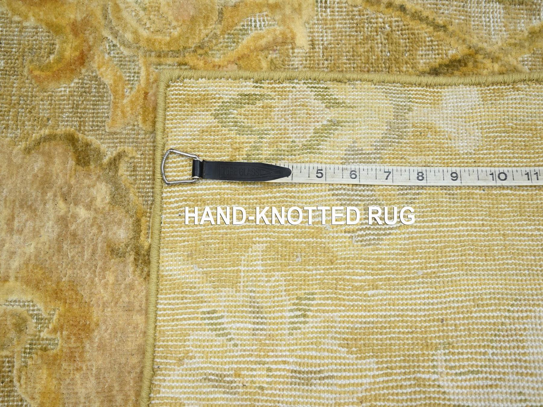 2'x3' Golden Yellow, Persian Polonaise Influence Design, Pure Silk, Distressed, Hand Knotted, Gold Wash, Hi and Low, Sample, Mat, Oriental Rug HR75911 - Image 4