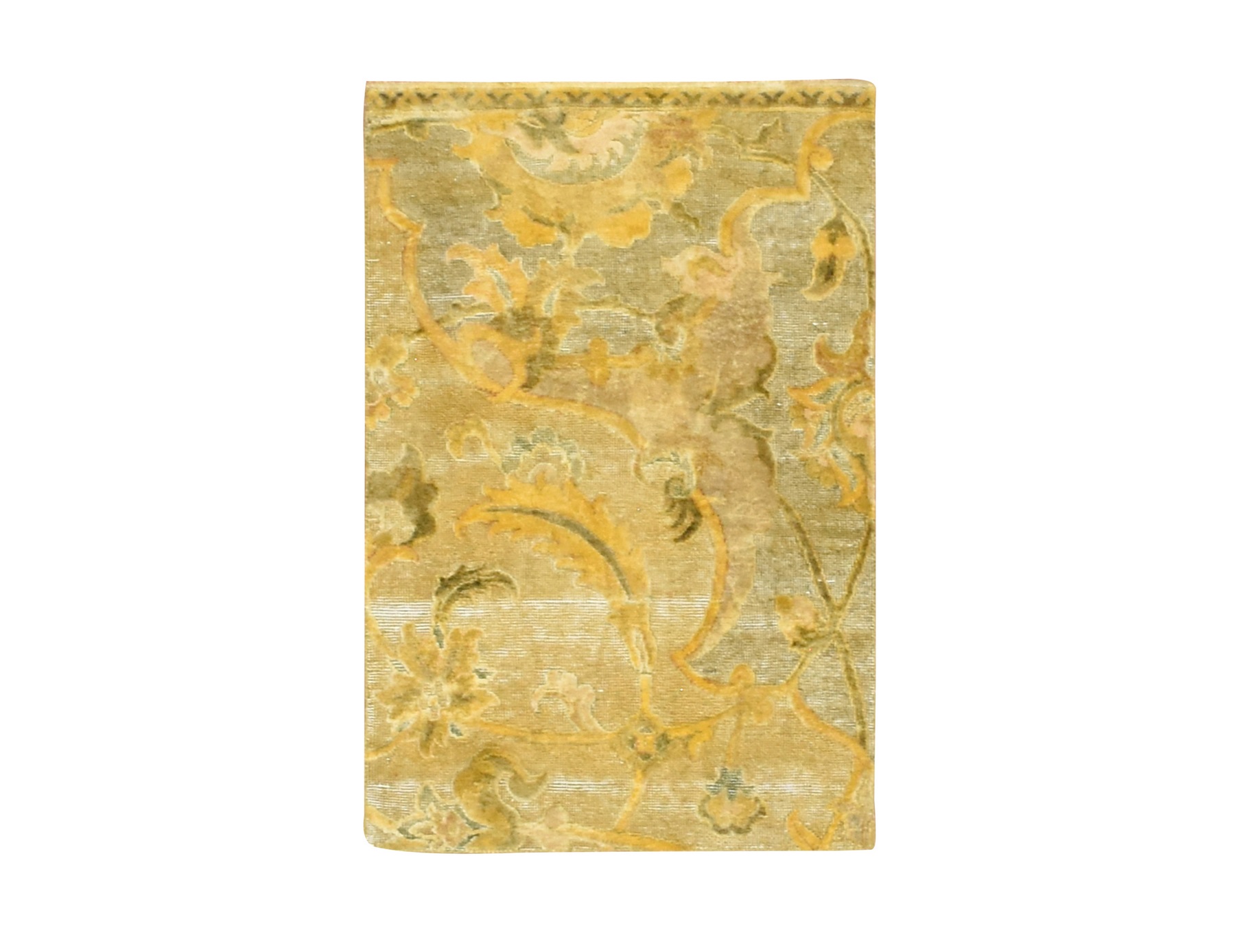 2'x3' Golden Yellow, Persian Polonaise Influence Design, Pure Silk, Distressed, Gold Wash, Hi and Low, Hand Knotted, Sample, Mat, Oriental Rug HR75912