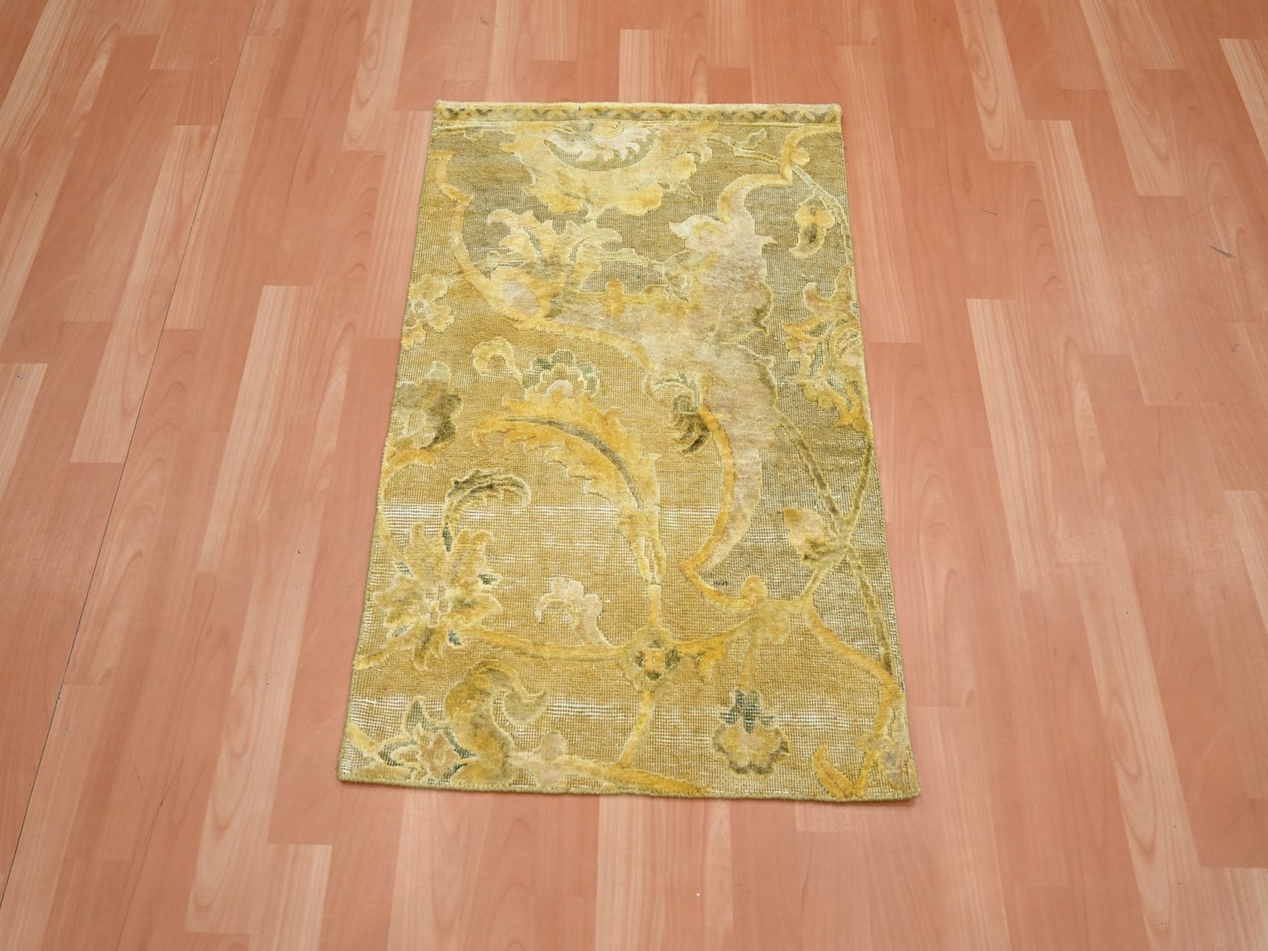 2'x3' Golden Yellow, Persian Polonaise Influence Design, Pure Silk, Distressed, Gold Wash, Hi and Low, Hand Knotted, Sample, Mat, Oriental Rug HR75912 - Image 2