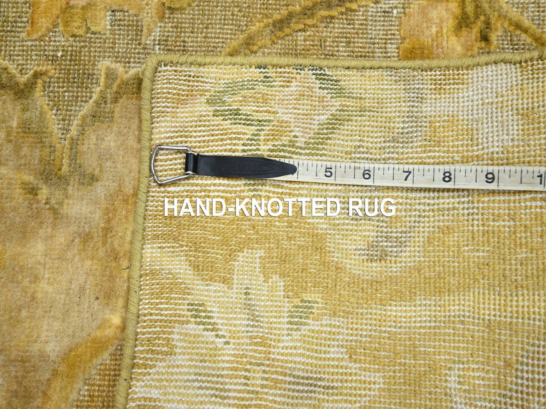 2'x3' Golden Yellow, Persian Polonaise Influence Design, Pure Silk, Distressed, Gold Wash, Hi and Low, Hand Knotted, Sample, Mat, Oriental Rug HR75912 - Image 4
