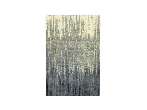 2'x3' Gray and Black, Hand Knotted, Vertical Ombre Design, Densely Woven, Pure Wool, Sample, Mat, Oriental Rug HR75913
