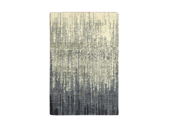 2'x3' Gray and Black, Vertical Ombre Design, Densely Woven, Pure Wool, Hand Knotted, Sample, Mat, Oriental Rug HR75914