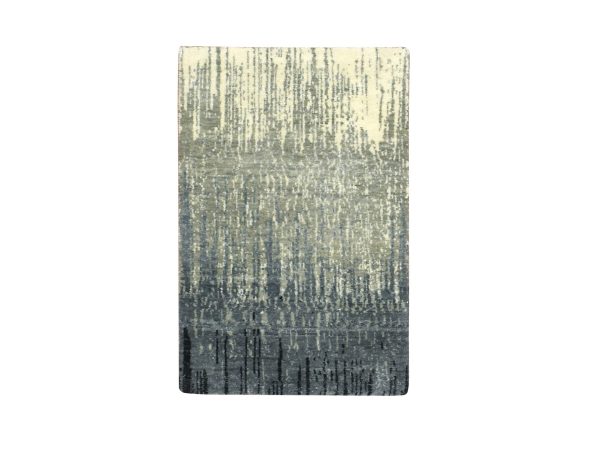 2'x3' Gray and Black, Vertical Ombre Design, Densely Woven, Hand Knotted, Pure Wool, Sample, Mat, Oriental Rug HR75915