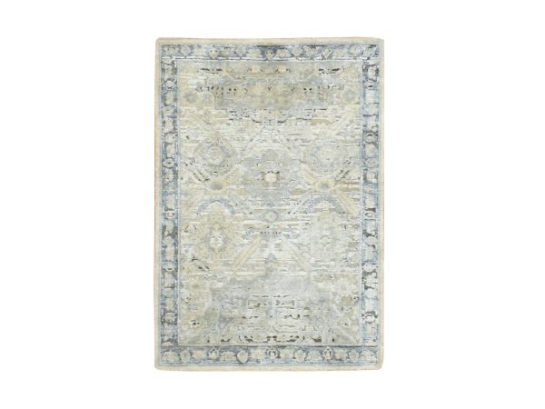 2'x3' Storm Gray, Oushak Design with Geometric Pattern, Hand Knotted, Pure Silk, Sample, Mat, Oriental Rug HR75918