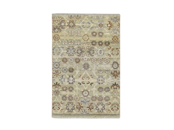 2'x3' Beige, Khotan Design, Hand Knotted, Pure Wool, Sample, Mat, Oriental Rug HR75924