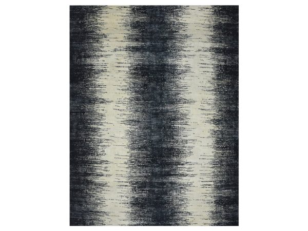 11'9"x15' Ivory with Black, Horizontal Ombre Design, Densely Woven, Hand Knotted, Soft and Vibrant Wool, XL, Oversized, Oriental Rug HR75927