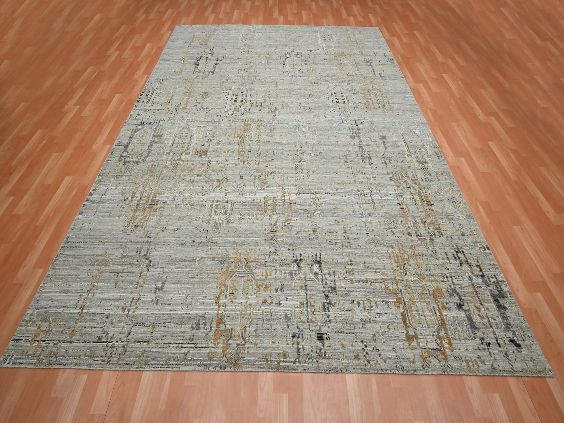 9'x12' Beige, Broken and Erased Geometric Persian Design, Pure Wool, Shaved Low, Hand Knotted, Oriental Rug HR75928 - Image 2
