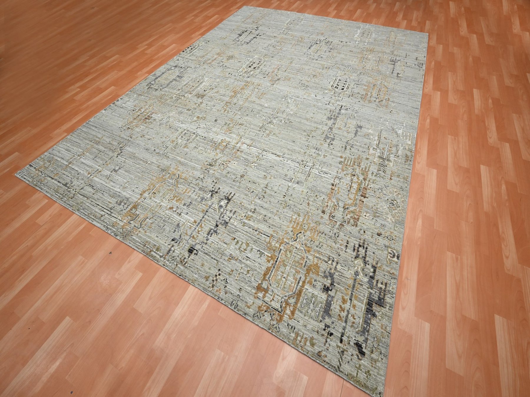 9'x12' Beige, Broken and Erased Geometric Persian Design, Pure Wool, Shaved Low, Hand Knotted, Oriental Rug HR75928 - Image 3