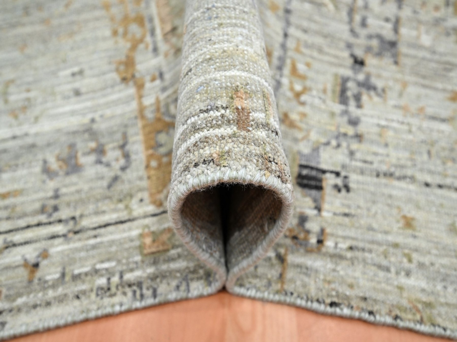 9'x12' Beige, Broken and Erased Geometric Persian Design, Pure Wool, Shaved Low, Hand Knotted, Oriental Rug HR75928 - Image 5