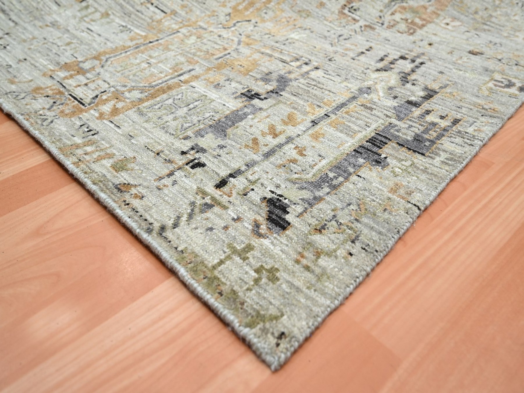 9'x12' Beige, Broken and Erased Geometric Persian Design, Pure Wool, Shaved Low, Hand Knotted, Oriental Rug HR75928 - Image 6