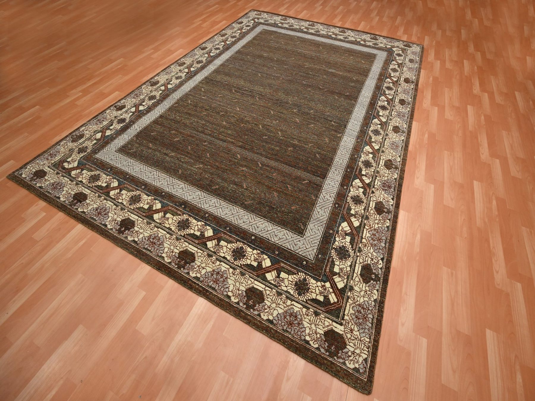 9'x12'2" Shades of Brown, Khotan Influence All Over Intricate Design, Zero Pile, 100% Wool, Hand Knotted, Oriental Rug HR75945 - Image 3