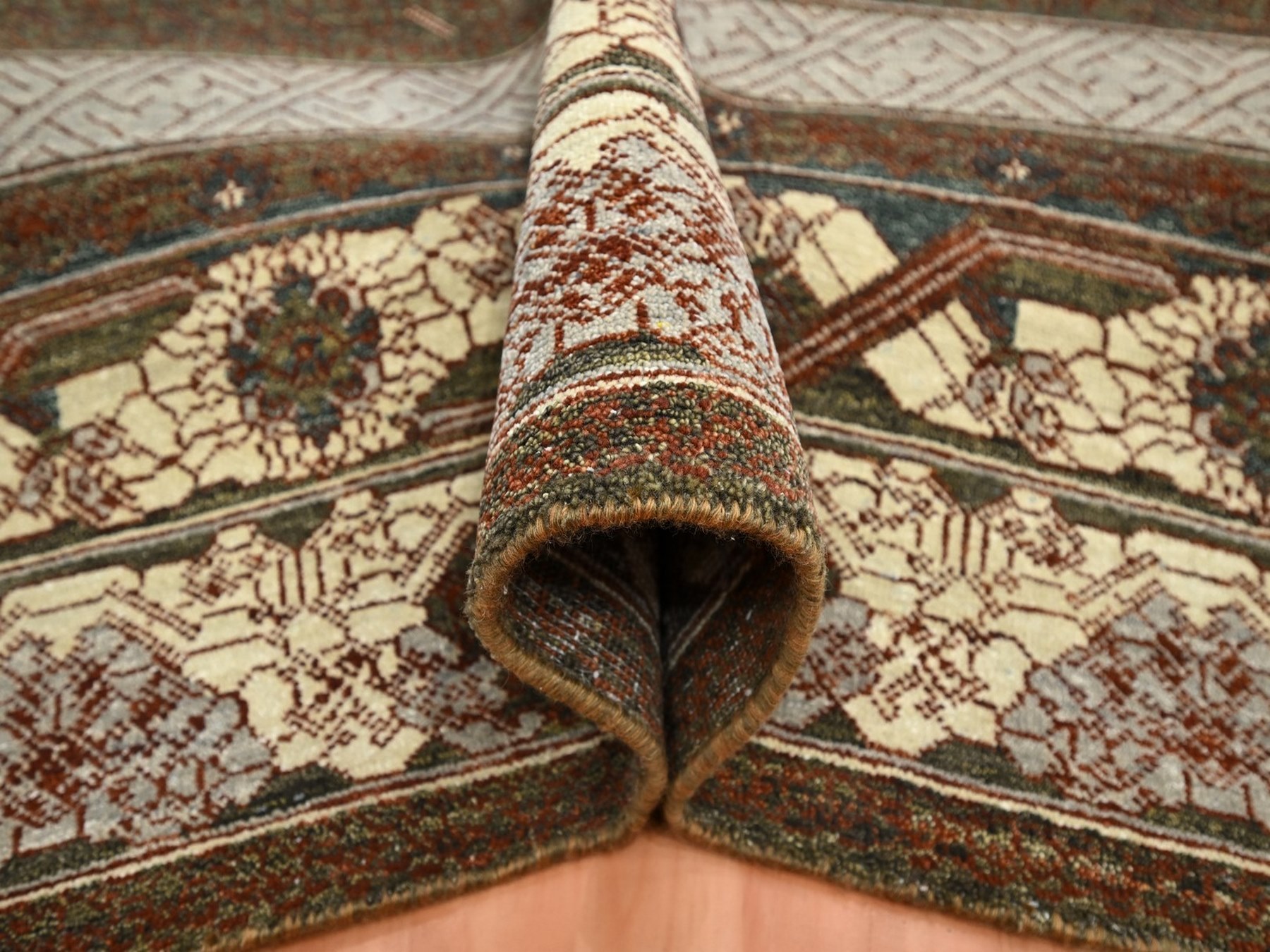 9'x12'2" Shades of Brown, Khotan Influence All Over Intricate Design, Zero Pile, 100% Wool, Hand Knotted, Oriental Rug HR75945 - Image 5