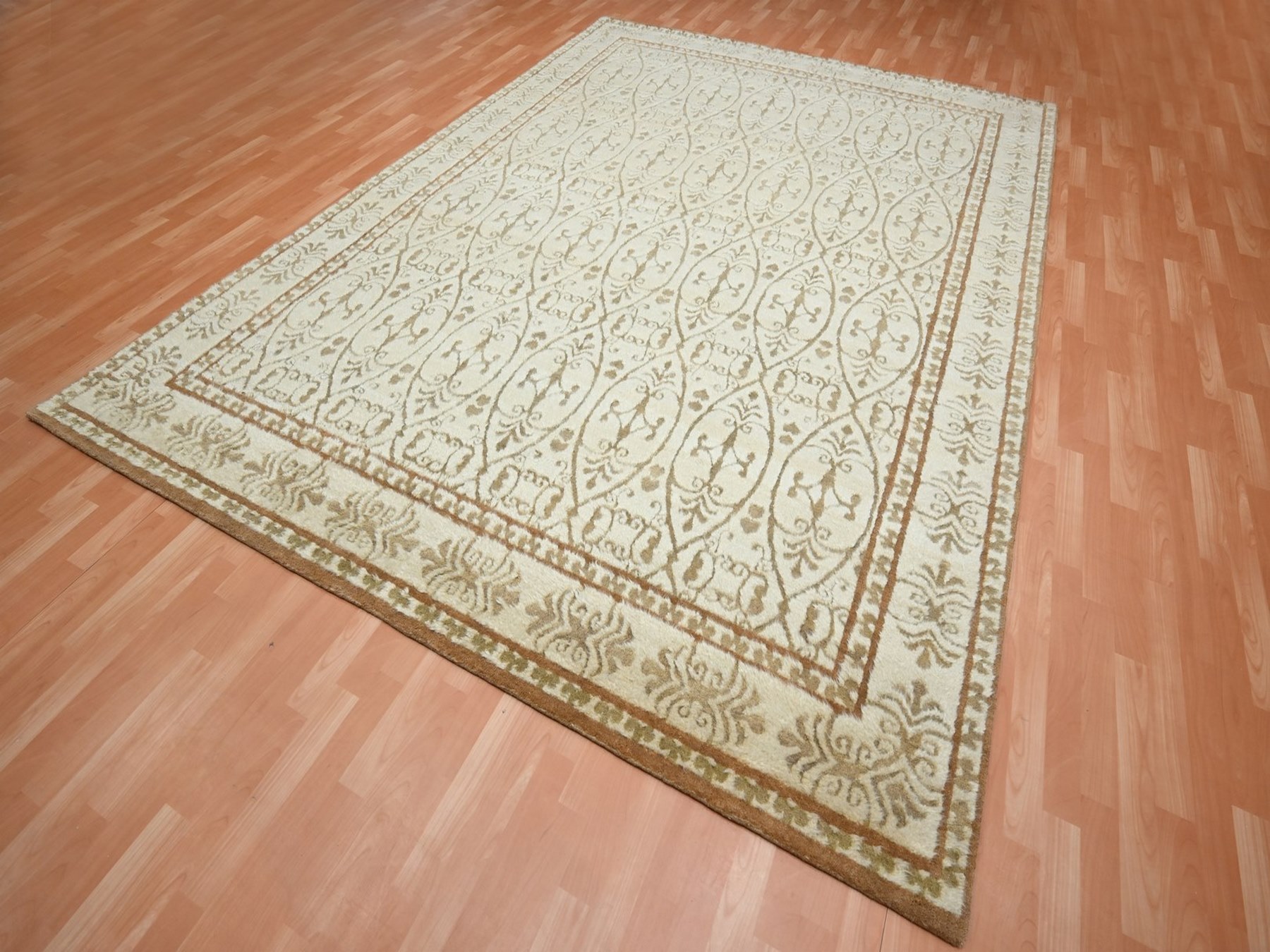 9'x12'3" Ivory with Warm Earth Tone Colors, Persian Influence Design, Shaggy Pile, Hi and Low, Tone on Tone, Pure Wool, Hand Knotted, Oriental Rug HR75947 - Image 3