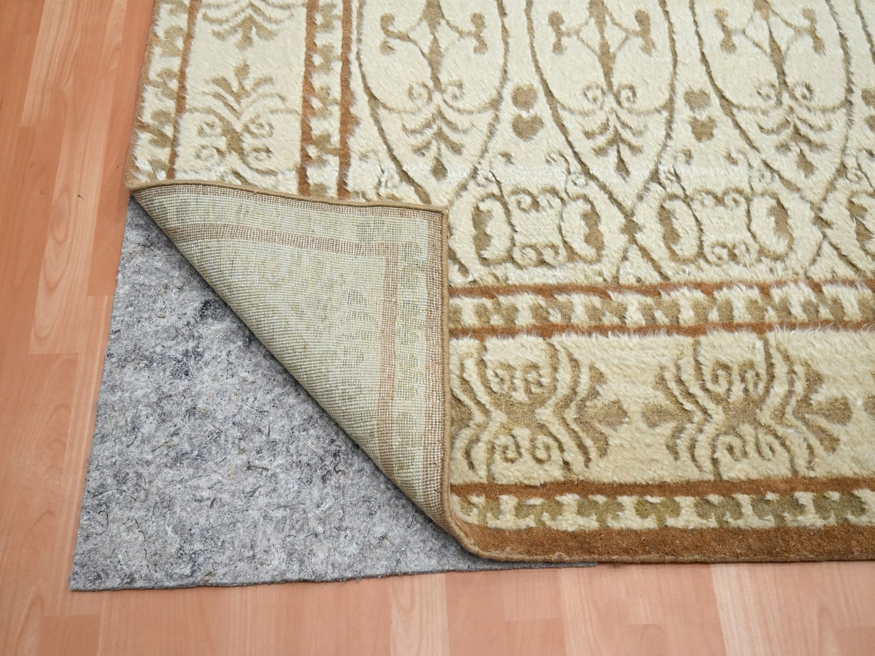 9'x12'3" Ivory with Warm Earth Tone Colors, Persian Influence Design, Shaggy Pile, Hi and Low, Tone on Tone, Pure Wool, Hand Knotted, Oriental Rug HR75947 - Image 4