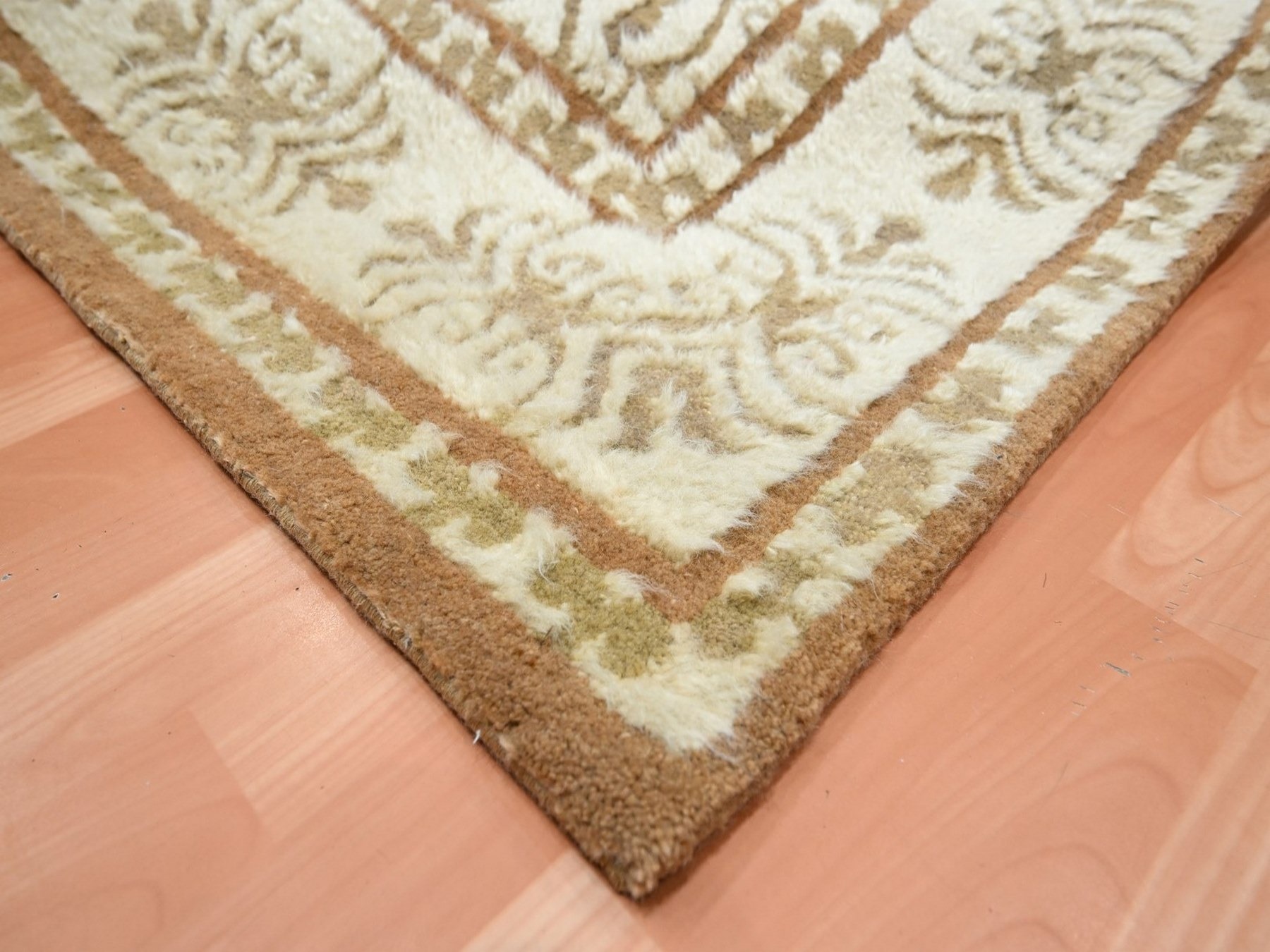 9'x12'3" Ivory with Warm Earth Tone Colors, Persian Influence Design, Shaggy Pile, Hi and Low, Tone on Tone, Pure Wool, Hand Knotted, Oriental Rug HR75947 - Image 6
