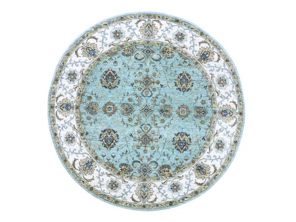 7'x7' Crystal Blue, Natural Dyes, Agra, Shah Abbas Flower Vines Design, Hand Knotted, Luxurious Wool, Denser Weave, Round, Oriental Rug HR76138