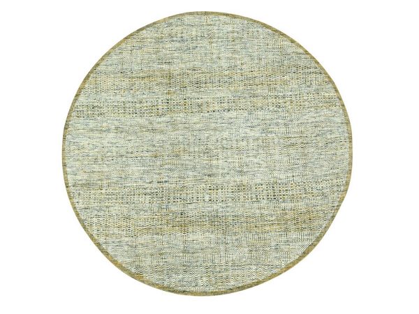 6'x6' Golden Yellow, Oxidized and Distressed Grass Design with Exposed Warps, Hand Knotted, 100% Wool, Round, Oriental Rug HR76731