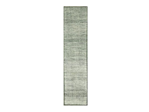 2'6"x10' Basil Green, Distressed and Oxidized Grass Design with Exposed Warps, 100% Wool, Hand Knotted, Runner, Oriental Rug HR76741