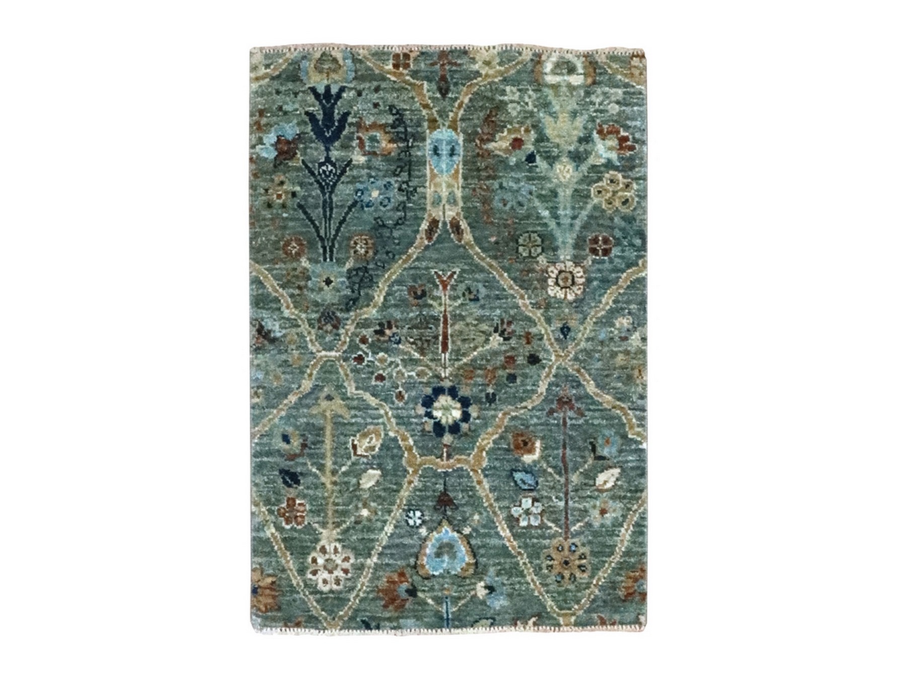 2'x3' Sage Green, Trellis Borderless Garden Design, Agra, Hand Knotted, Hand Spun New Zealand Wool, Mat, Sample, Oriental Rug HR76826