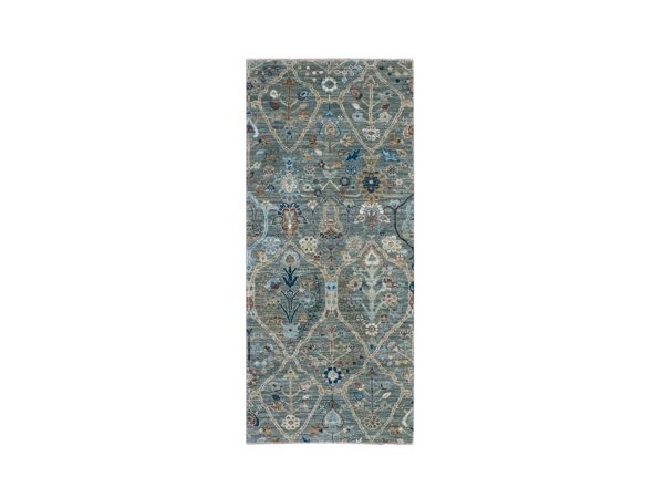 2'8"x6' Sage Green, Hand Knotted, Trellis Borderless Garden Design, Agra, Hand Spun New Zealand Wool, Runner, Oriental Rug HR76828