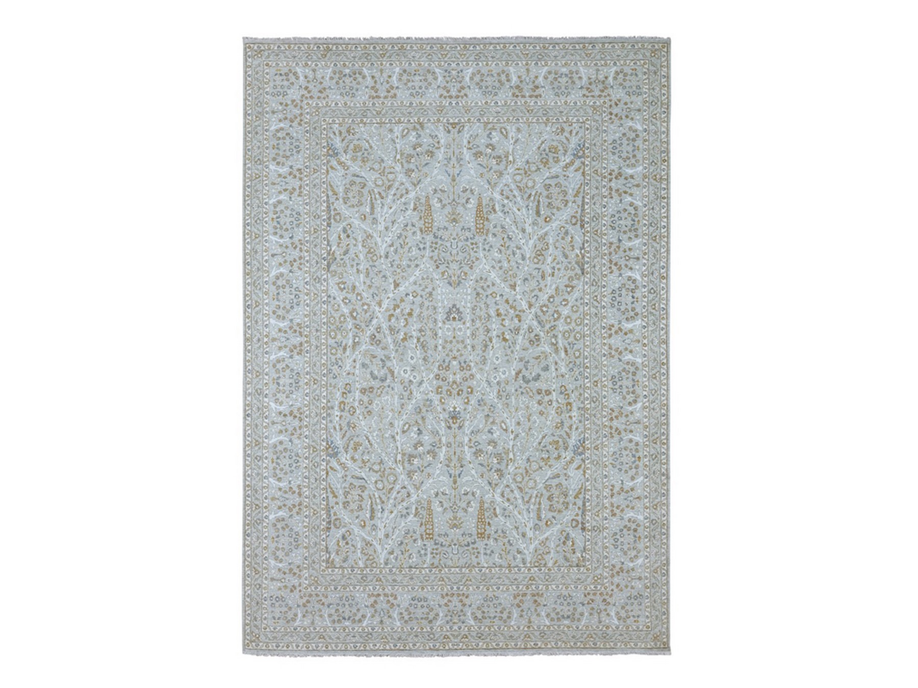 10'x14'2" Spanish Gray, 200 KPSI, Meditation Tree of Life Design, Tone on Tone, Zero Pile, 100% Wool, Densely Woven, Hand Knotted, Oriental Rug HR76995