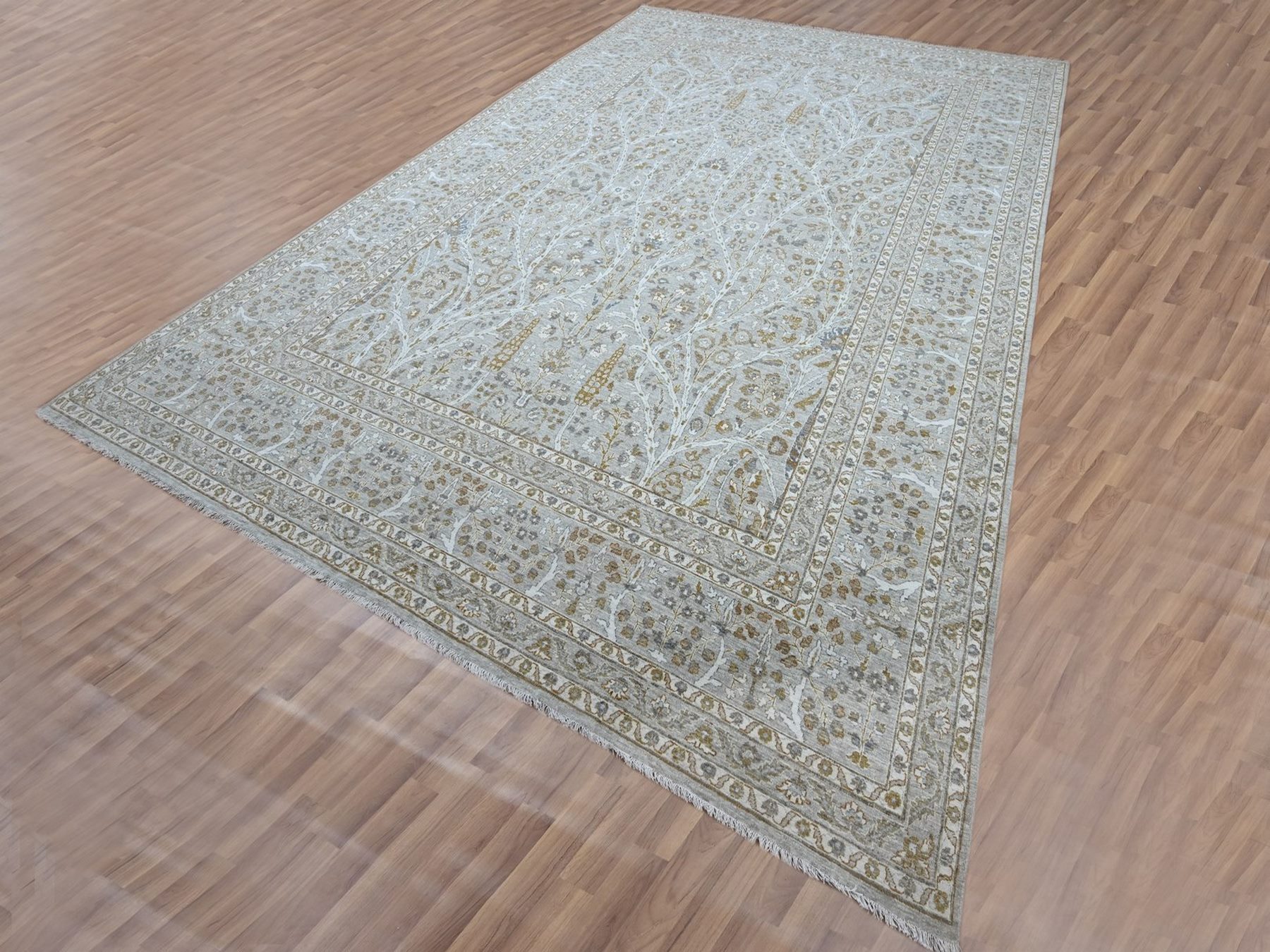 10'x14'2" Spanish Gray, 200 KPSI, Meditation Tree of Life Design, Tone on Tone, Zero Pile, 100% Wool, Densely Woven, Hand Knotted, Oriental Rug HR76995 - Image 3