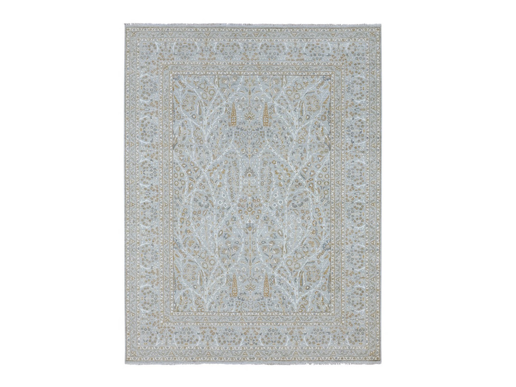 9'2"x12' Spanish Gray, Hand Knotted, 200 KPSI, Meditation Tree of Life Design, Tone on Tone, Zero Pile, 100% Wool, Densely Woven, Oriental Rug HR76996