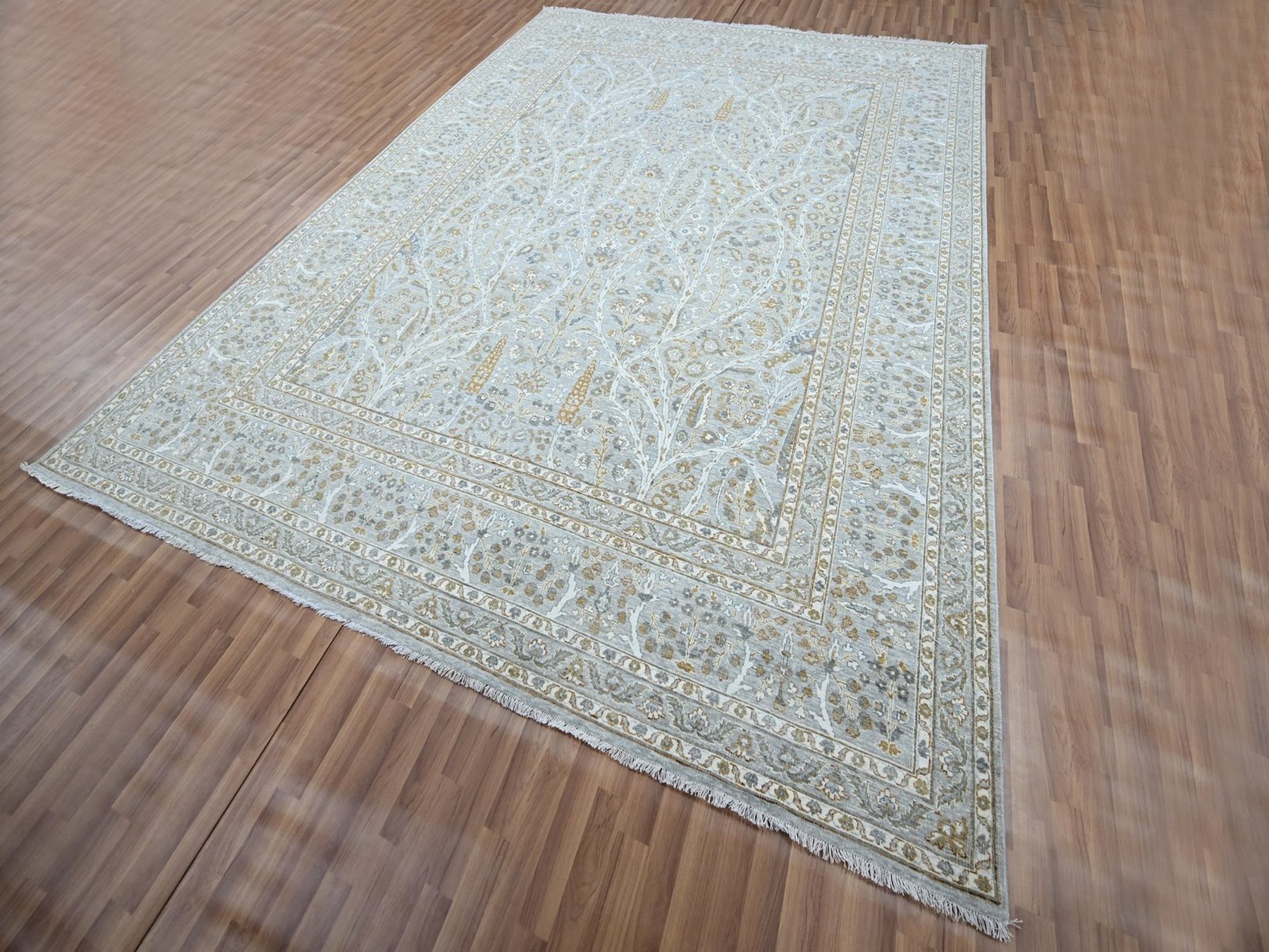 9'2"x12' Spanish Gray, Hand Knotted, 200 KPSI, Meditation Tree of Life Design, Tone on Tone, Zero Pile, 100% Wool, Densely Woven, Oriental Rug HR76996 - Image 3