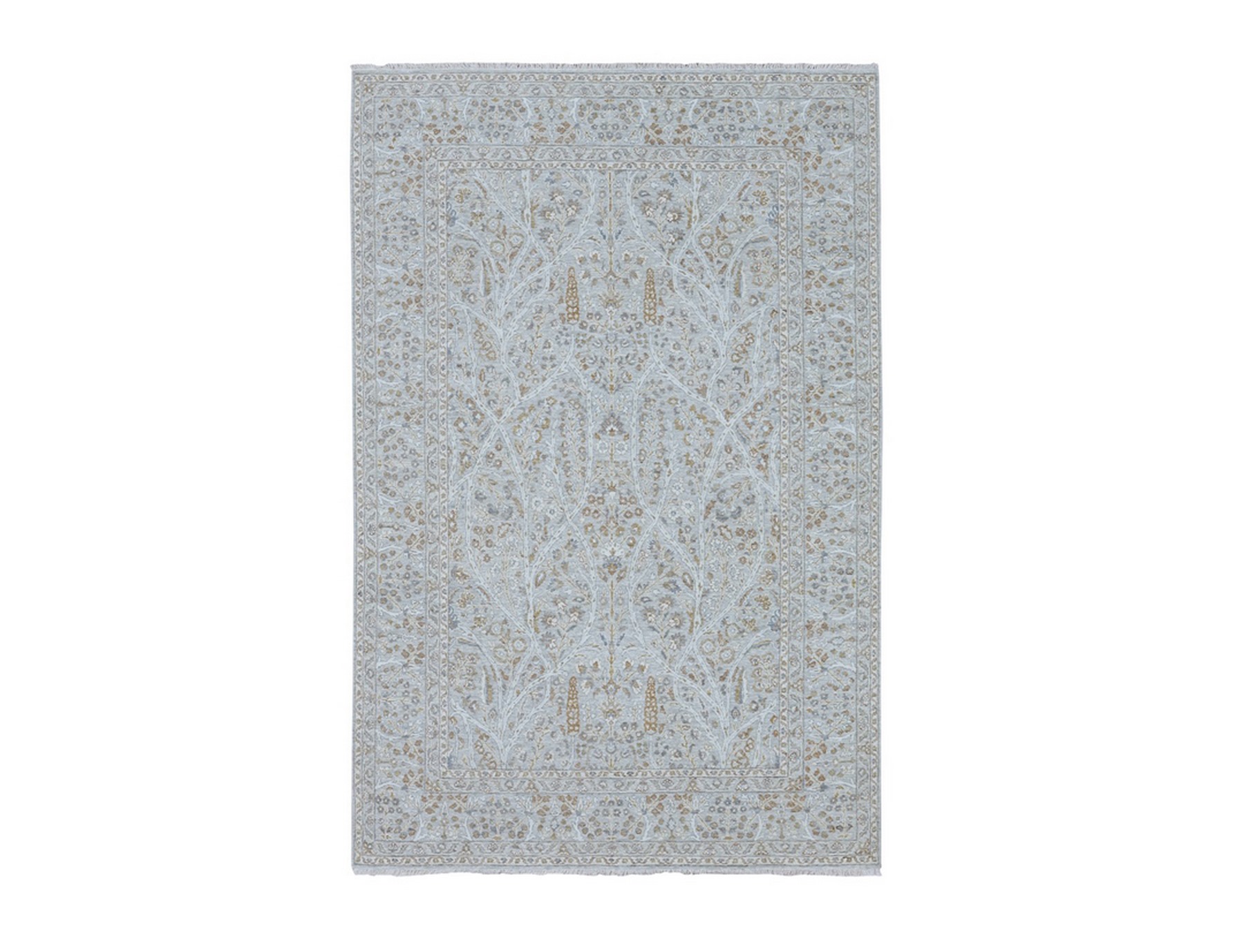6'1"x9'1" Spanish Gray, 200 KPSI, Meditation Tree of Life Design, Tone on Tone, Zero Pile, 100% Wool, Densely Woven, Hand Knotted, Oriental Rug HR76998