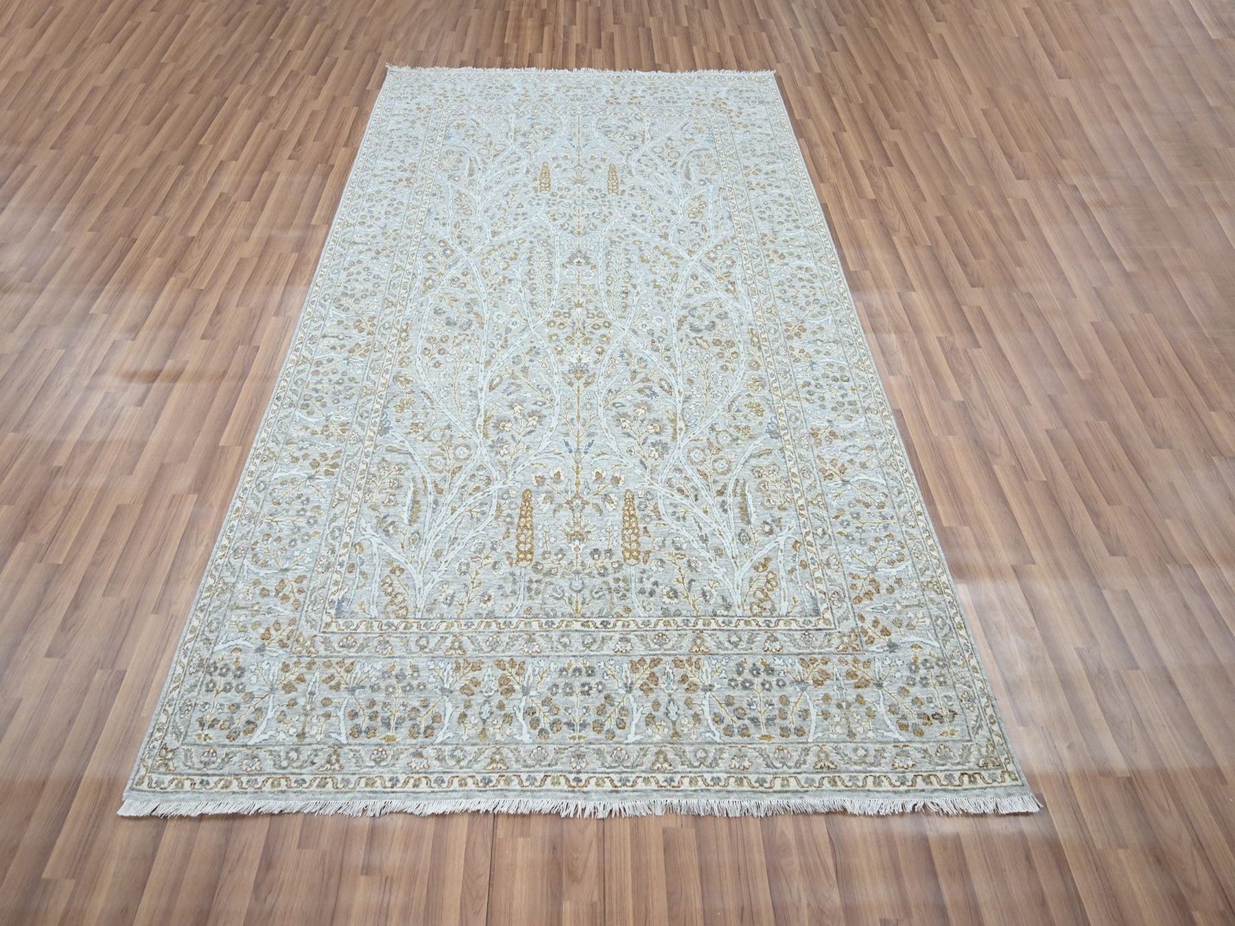 6'1"x9'1" Spanish Gray, 200 KPSI, Meditation Tree of Life Design, Tone on Tone, Zero Pile, 100% Wool, Densely Woven, Hand Knotted, Oriental Rug HR76998 - Image 2