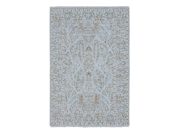 4'1"x6'1" Spanish Gray, 200 KPSI, Meditation Tree of Life Design, Hand Knotted, 100% Wool, Tone on Tone, Zero Pile, Densely Woven, Oriental Rug HR77000