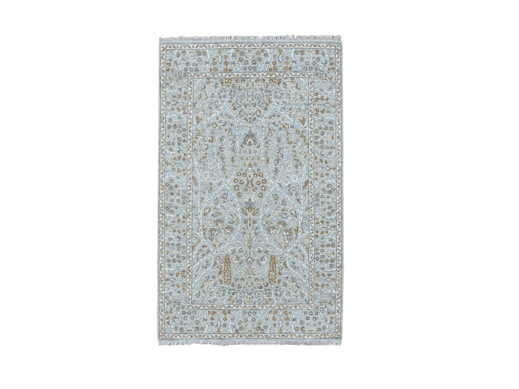3'1"x5' Spanish Gray, 200 KPSI, Meditation Tree of Life Design, Hand Knotted, Tone on Tone, Zero Pile, 100% Wool, Densely Woven, Oriental Rug HR77001